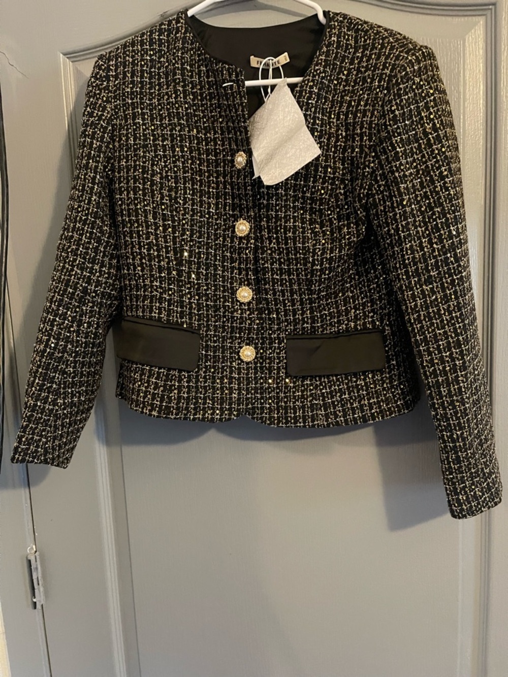 Black Tweed Bomber Jacket with Gold Buttons - Women's